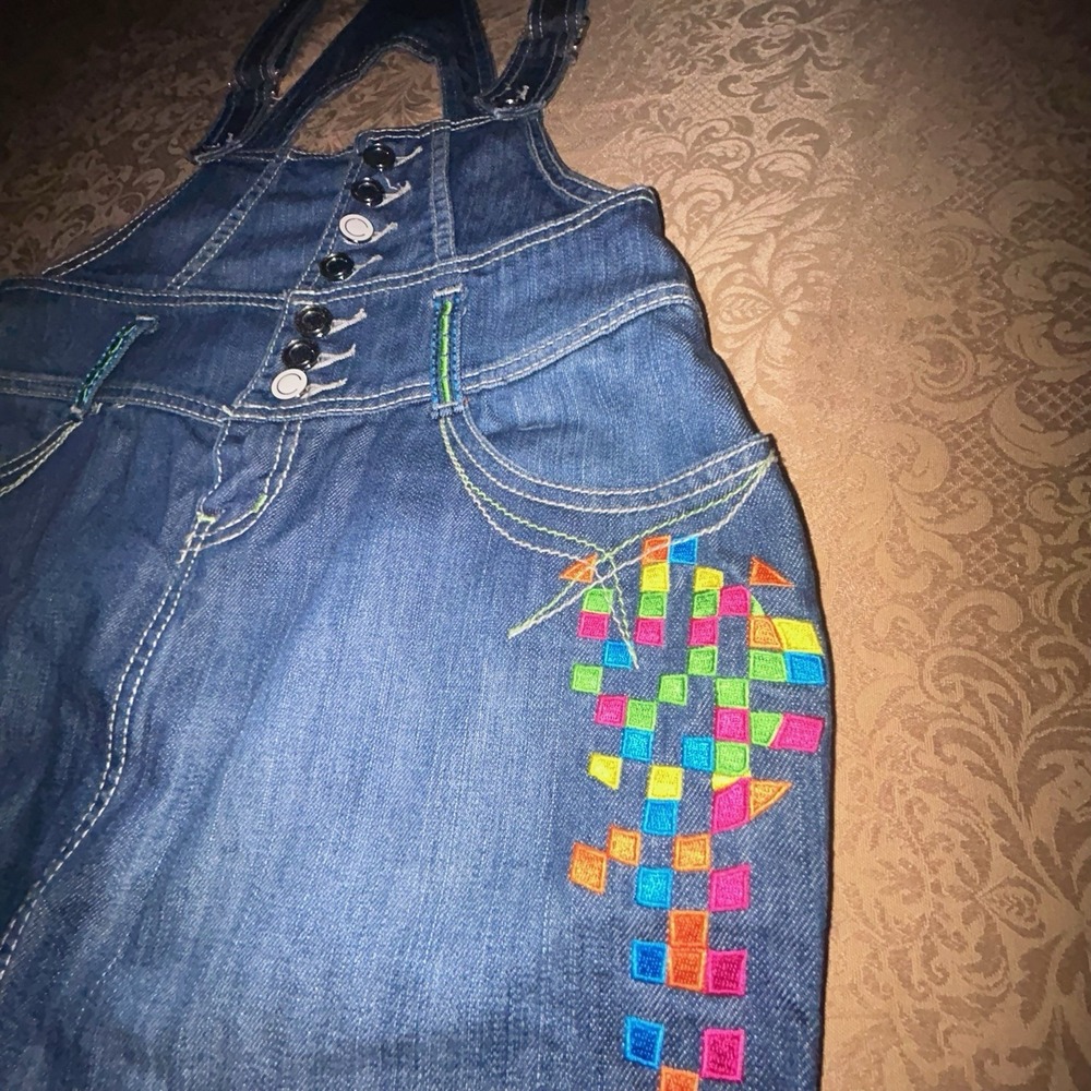 Vtg COOGI Jeans Womens 7/8 Denim Overalls Dress Rainbow Embroidery Y2K GUC - Picture 5 of 11